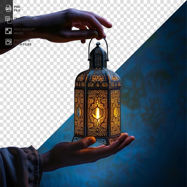 Hands of young asian muslim man holding shiny arabic lantern on transparent background