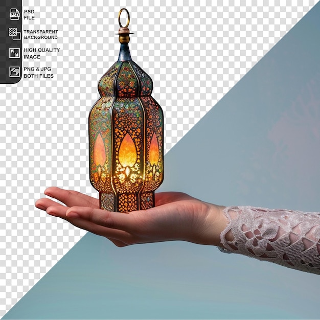 Hands of young asian muslim man holding shiny arabic lantern on transparent background