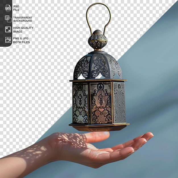 Hands of young asian muslim man holding shiny arabic lantern on transparent background