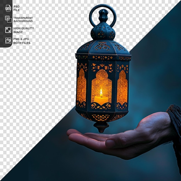 Hands of young asian muslim man holding shiny arabic lantern on transparent background