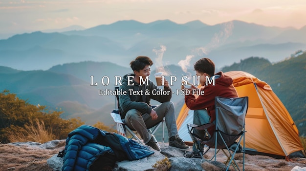 Handsome Asian man friends sitting on outdoor chair on the mountain drinking hot coffee together