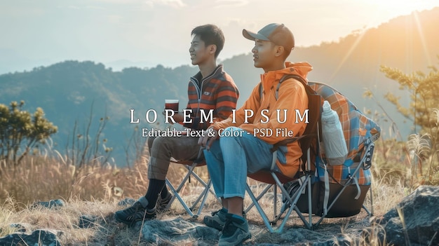 Handsome Asian man friends sitting on outdoor chair on the mountain drinking hot coffee together