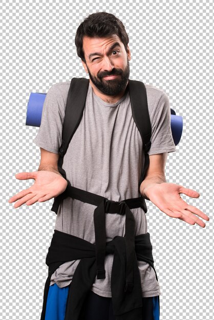 PSD handsome backpacker making unimportant gesture