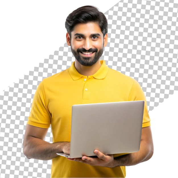 Handsome brunette man with beard with laptop