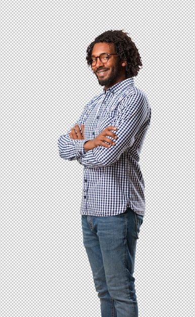 Handsome business african american man crossing his arms, smiling and happy