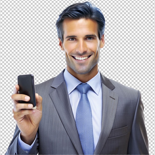 handsome business guy with mobile phone on transparent background