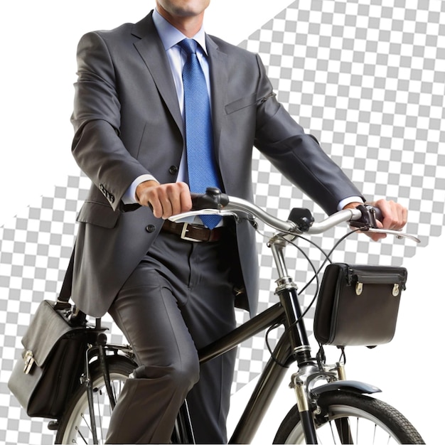 Handsome businessman in a jacket with red bag sitting on his bicycle on city streets