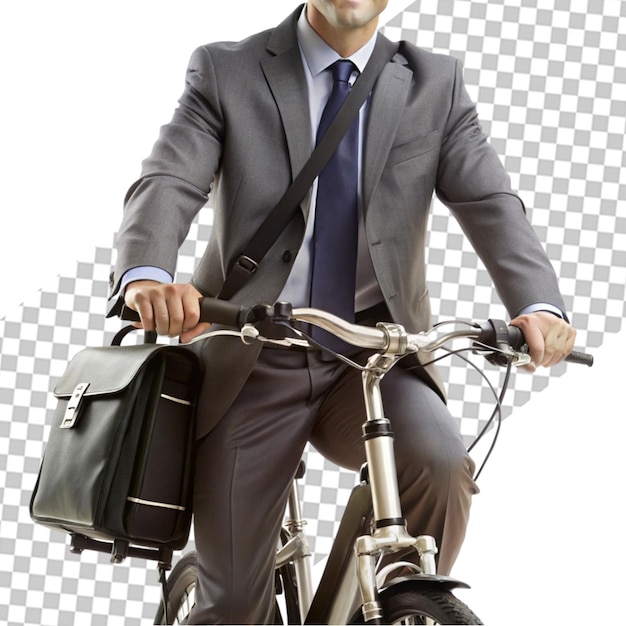 Handsome businessman in a jacket with red bag sitting on his bicycle on city streets