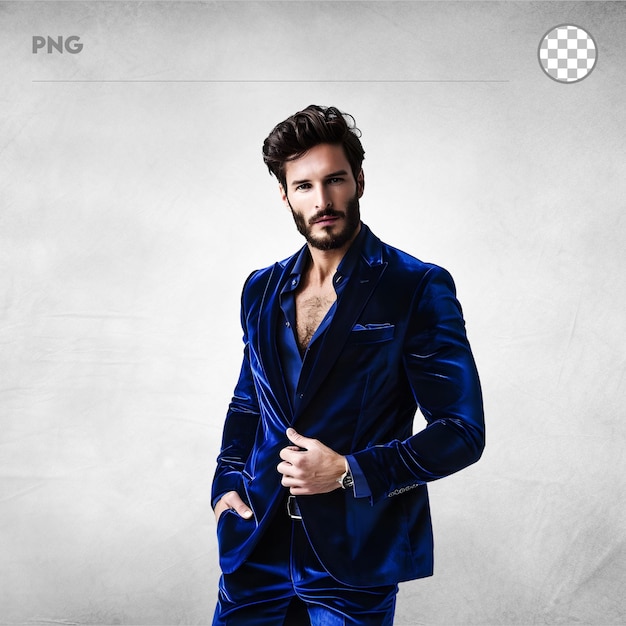 PSD handsome man model in blue velvet suit posing in a normal mood isolated on transparent background