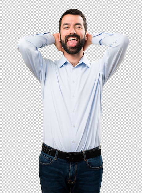 Handsome man with beard making a joke