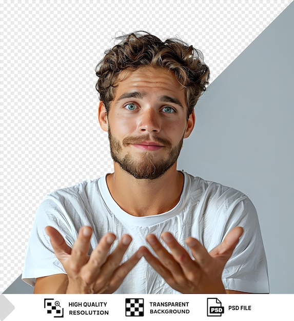 PSD handsome man with blue eyes and brown beard showing empty hands in front of a gray wall