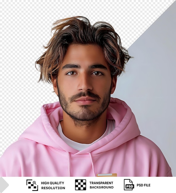 Handsome Man with Brown Hair and a Beard Wearing a Pink Hoodie Against a Transparent Background