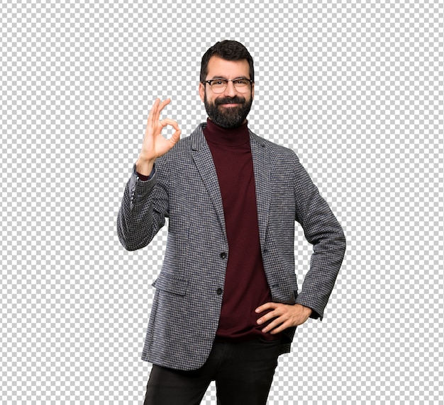 Handsome man with glasses showing ok sign with fingers