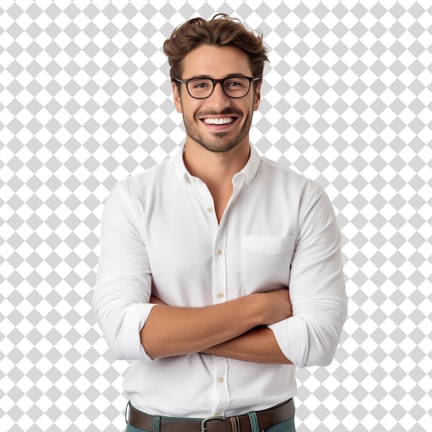 A handsome man with hands crossed Isolated on transparent background PSD file format