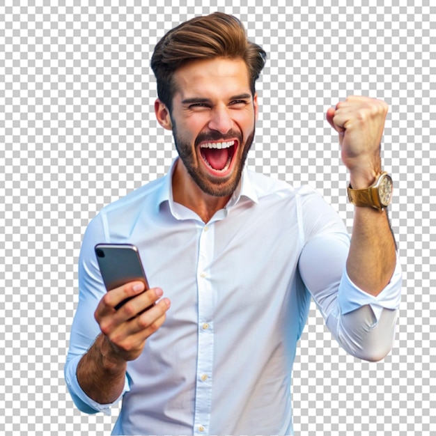 handsome man with phone in victory position