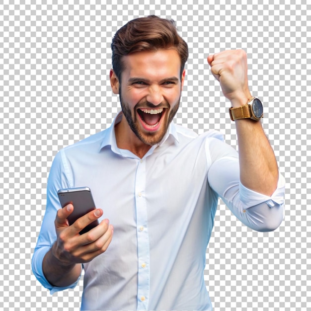 handsome man with phone in victory position