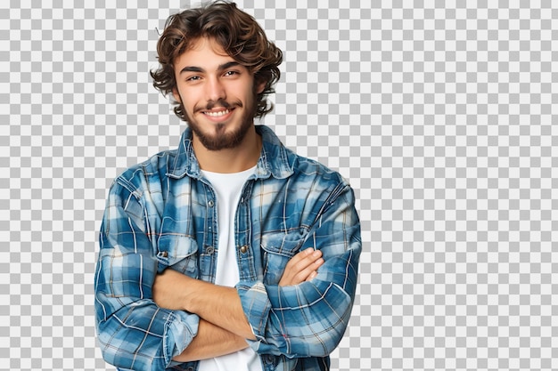 Handsome supervisor writing notes on clip board on isolated transparent background