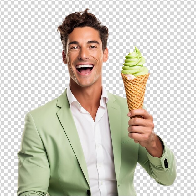 PSD handsome young man with ice cream isolated on transparent background