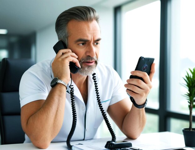 Handsome young man working with laptop and mobile phone in the office