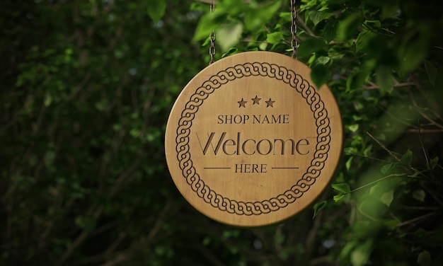 Hanging engraved wood sign logo mockup