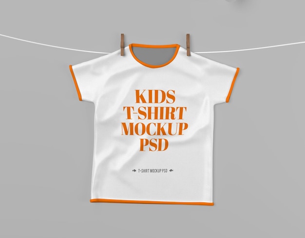 Hanging kids t-shirt mockup psd with editable design and changeable colors