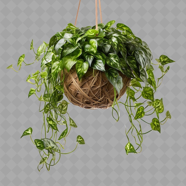 a hanging plant with green leaves and a basket with a plant hanging from it