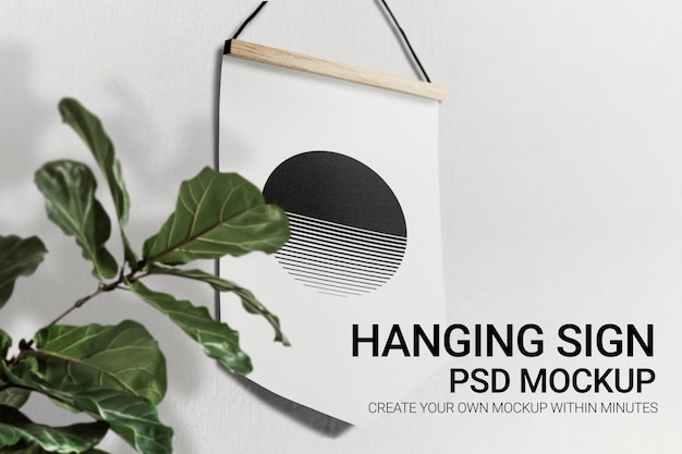 Hanging sign psd mockup on a wall