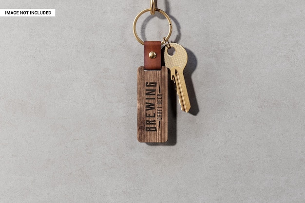 PSD hanging wooden keyring with key mockup