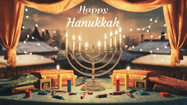 Hanukkah Happiness Menorah and Candlelit Background