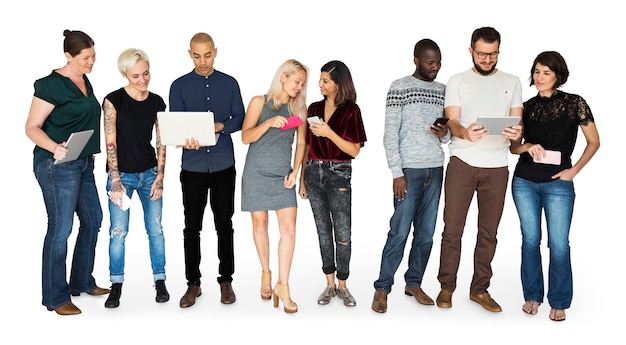 Happiness group of people smiling and conneted by digital devices