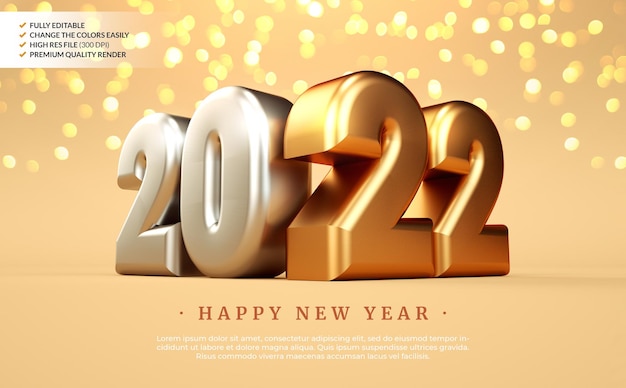 Happy 2022 new year banner background with golden and silver numbers in realistic 3D rendering