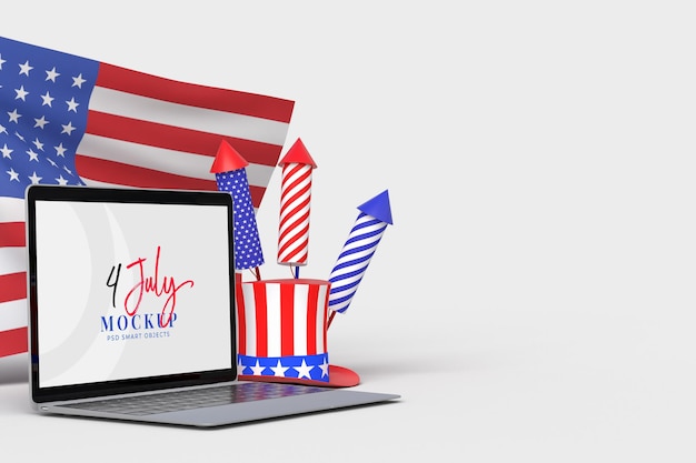 Happy 4th of July USA Independence Day and laptop mockup with decorate and american flag