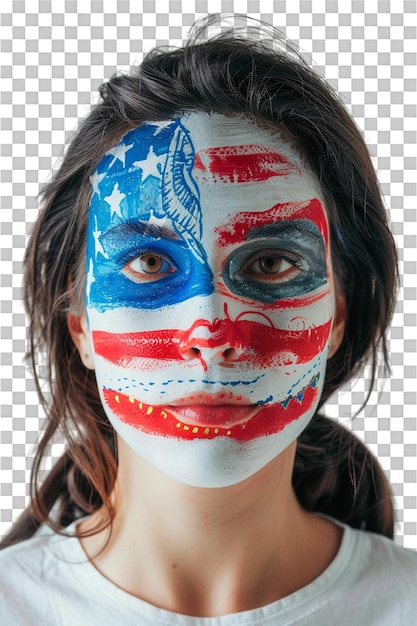 PSD happy american woman with american flag face paint alone against transparent background