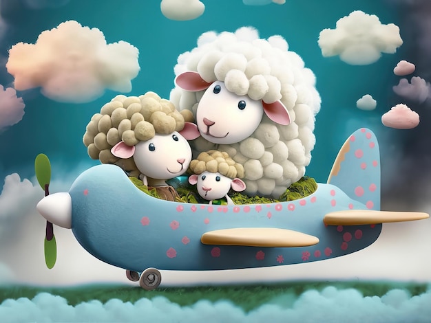 happy baby sheep family driving with adorable smile in pixar style