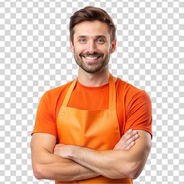 happy barista pointing finger left and smiling wearing black apron uniform standing against