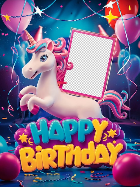 PSD happy birthday 3d card template unicorn with an empty transparent frame for photo