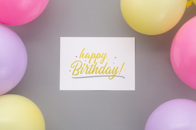 Happy birthday background, Flat lay party decoration with flyer invitation card mockup template.