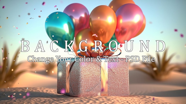 Happy birthday background and gift box and realistic balloons ornament with ribbon Generative AI