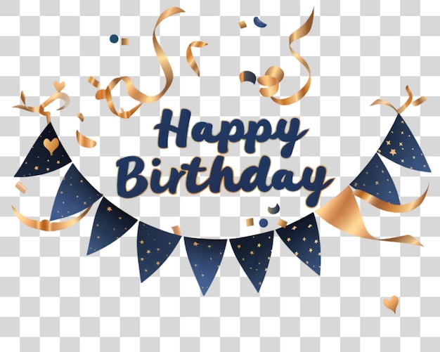 PSD happy birthday banner with gold and blue ribbons on a transparent background