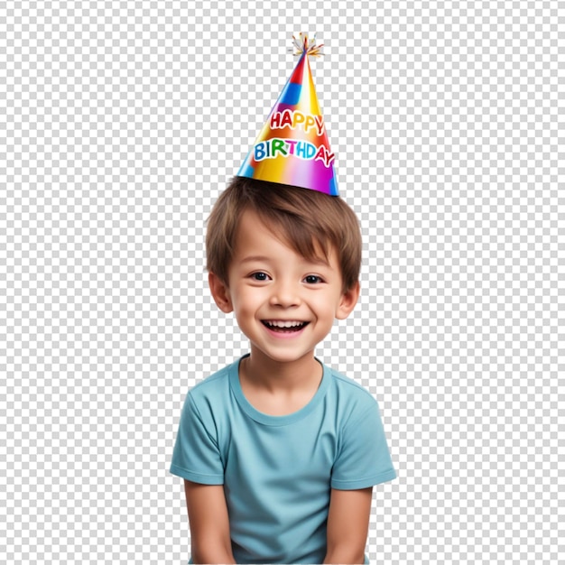 PSD happy birthday boy kid wearing birthday hat isolated on transparent background