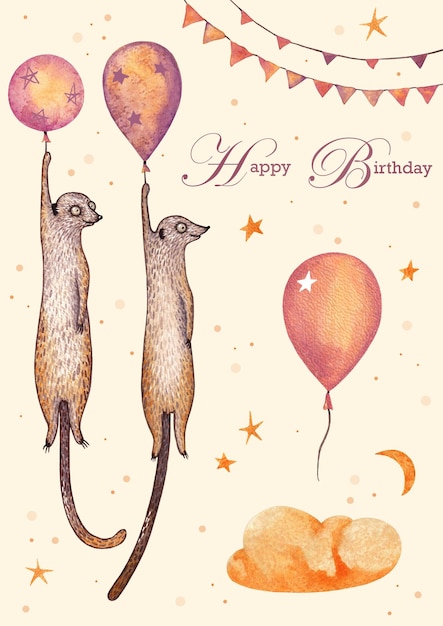 PSD happy birthday card with watercolor drawn meerkats inflatable balloons holiday garlands stars