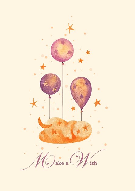 Happy birthday card with watercolor painted cloud balloons holiday garlands stars moon