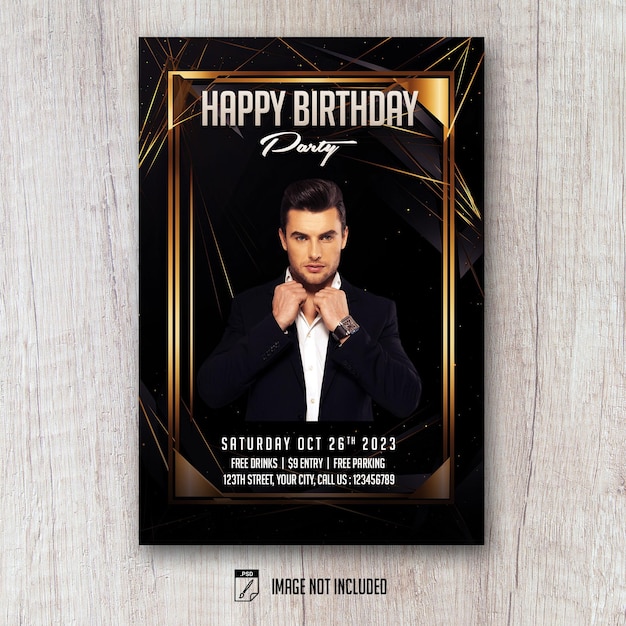 Happy Birthday Flyer PSD Template Black Gold Style Lowpoly Minimal Art Deco