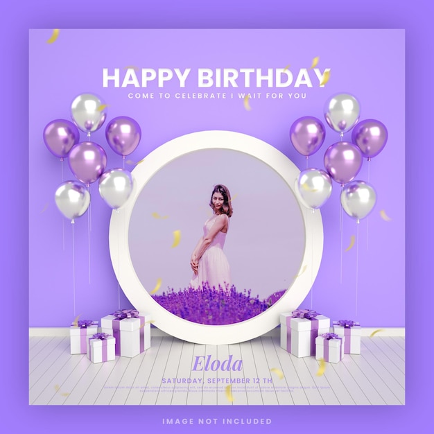 Happy birthday invitation card for purple instagram social media post template with frame mockup