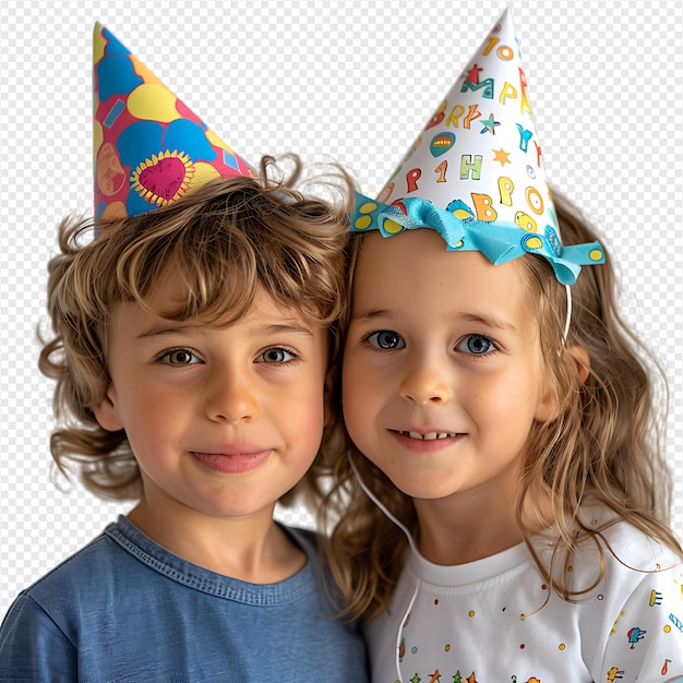 PSD happy birthday kids wearing birthday hat on isolated transparent background