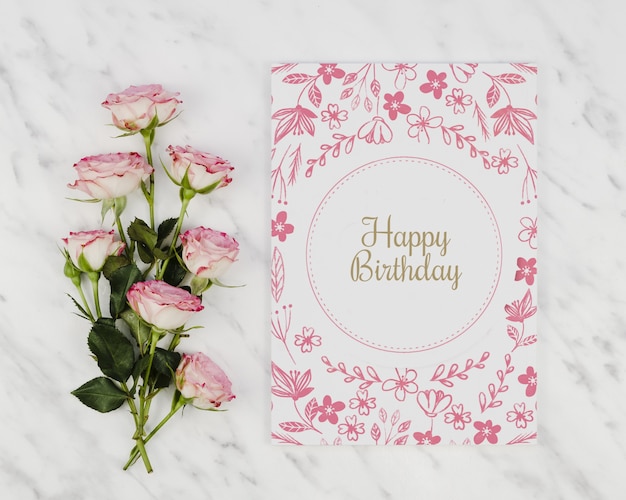 PSD happy birthday mock-up card and bouquet of roses