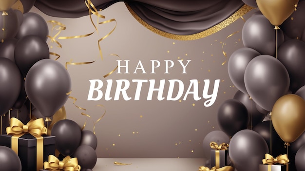 Happy birthday poster with balloons birthday cake and gift box Backdrop background PSD