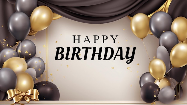 Happy birthday poster with balloons birthday cake and gift box Backdrop background PSD