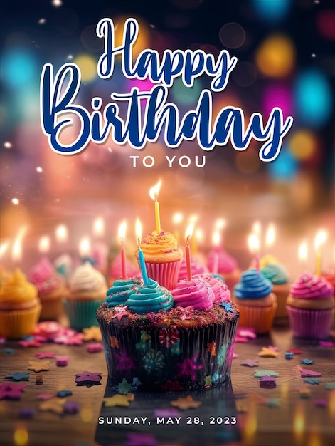 happy birthday poster with delicious birthday cake background