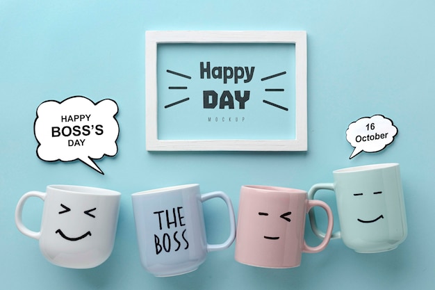 PSD happy boss's day with frame and mugs